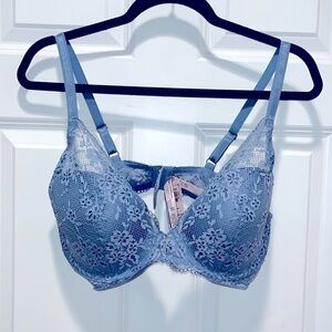 NWT Victoria’s Secret Blue Lace Bra 38D underwire plunge gold hardware NEW